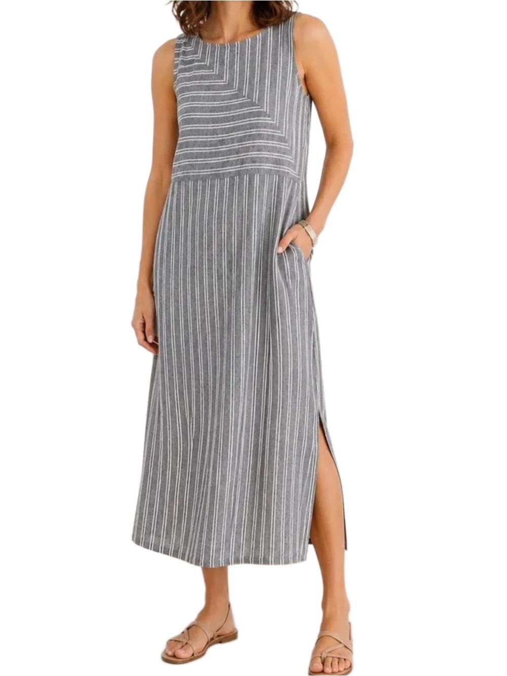J. Jill 100% Linen Striped Sleeveless Pocket Midi Dress